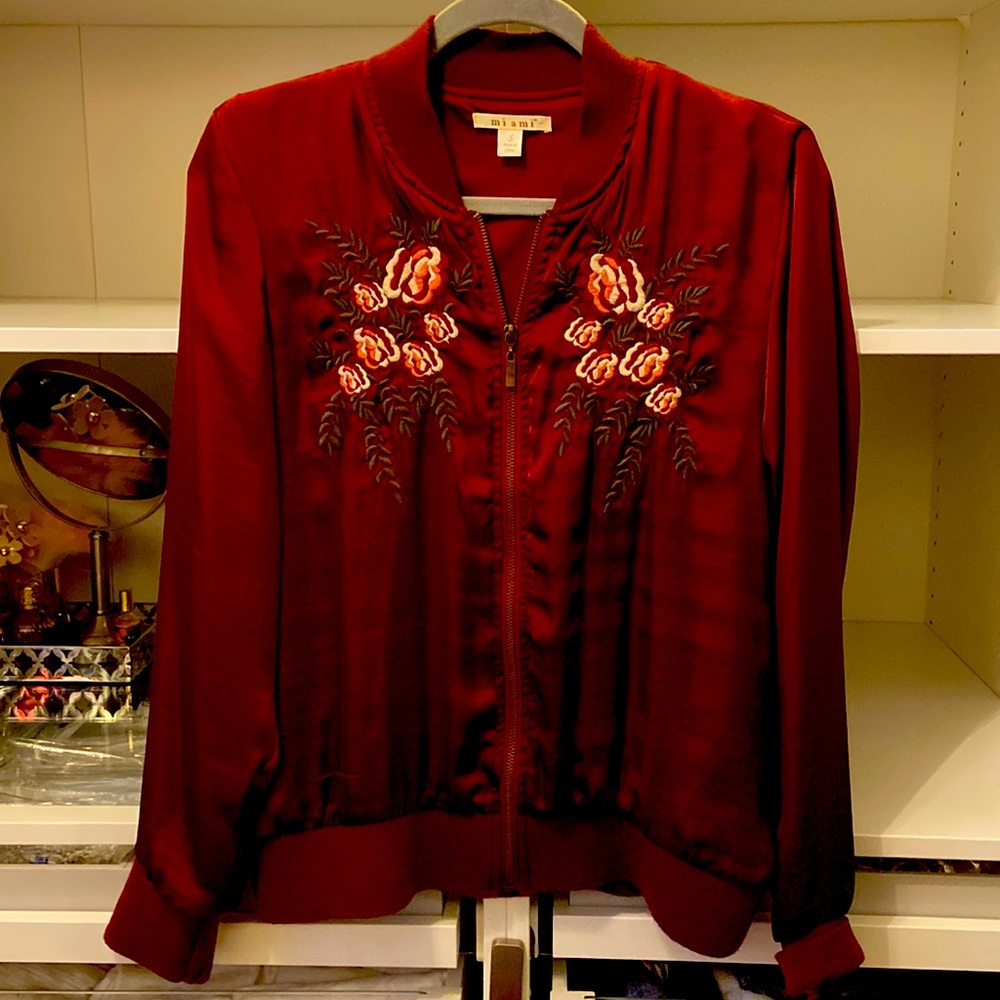Beautiful burgundy satin bomber jacket with embroidered rose detail